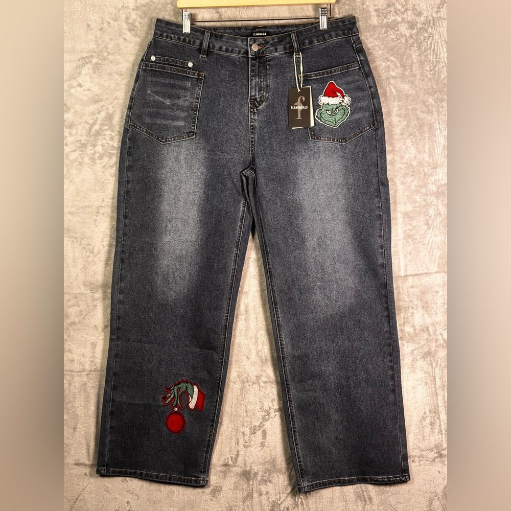 NWT New Flamingals Christmas Grinch Medium Wash Wide Leg Jeans Size 3XL